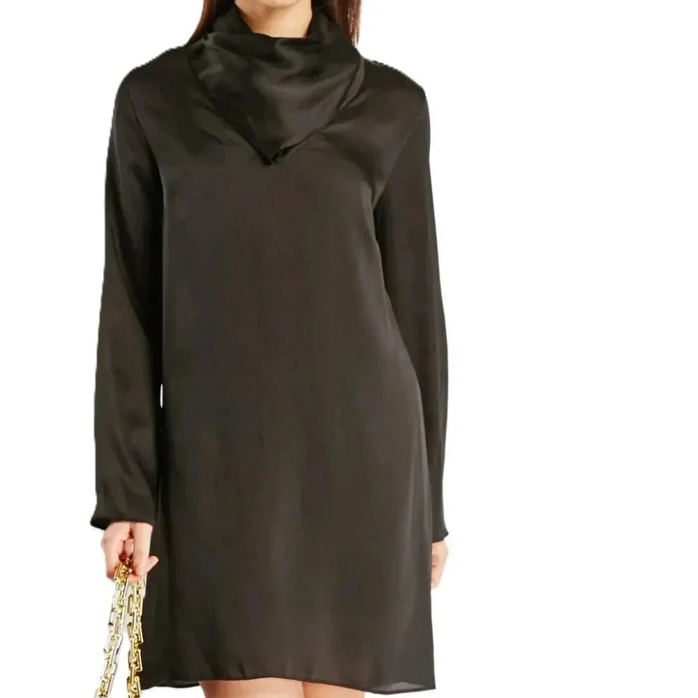 River Island NWT Black Silky Mini Dress Gold Button High Neck Long Sleeve US 6